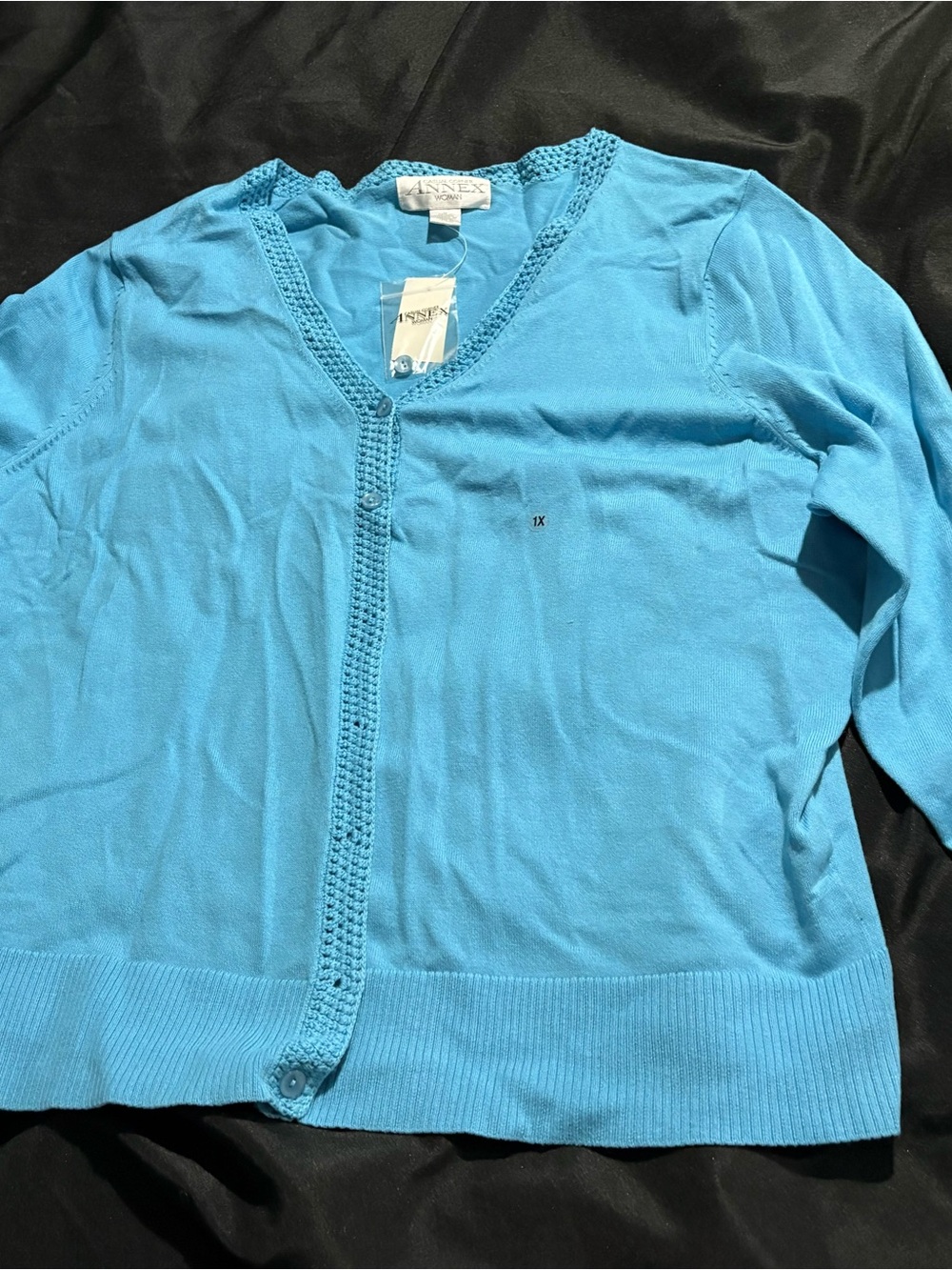 Casual Corner Bright Blue V-Neck Crocheted Trim Cardigan